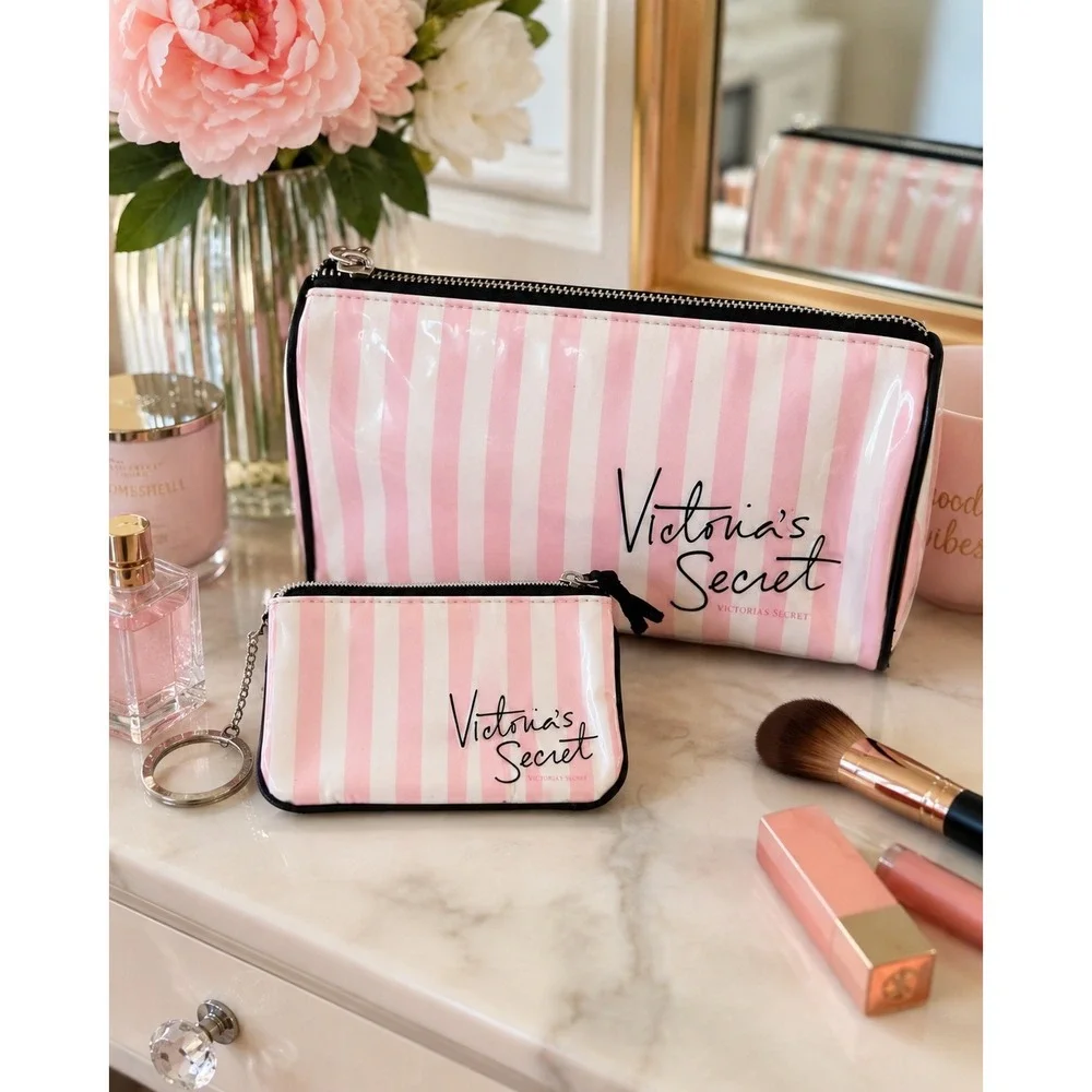 Victoria's Secret Pink White Stripe Cosmetic Makeup Bag Keychain Pouch Set